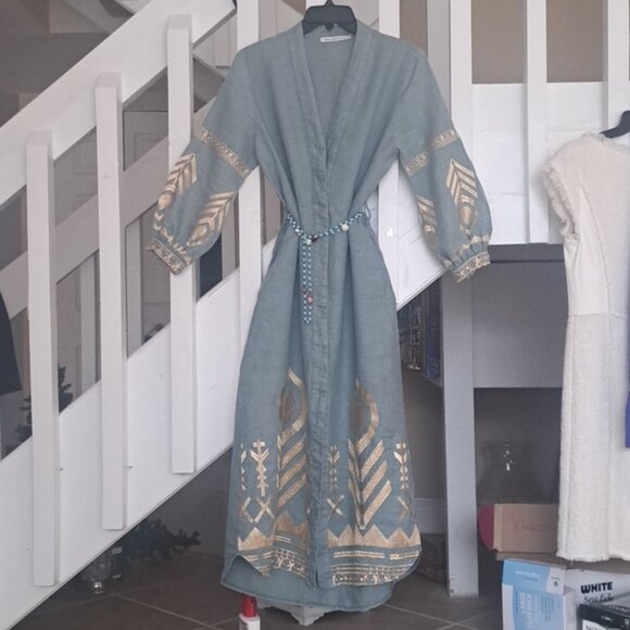 Greek Arcaic Kori Seafoam Color Linen Dress Gold Embroidery szXS missing  sash - Picture 1 of 12